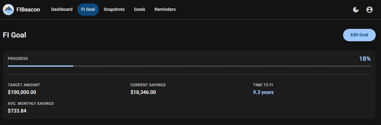 FI goal setup — dark theme