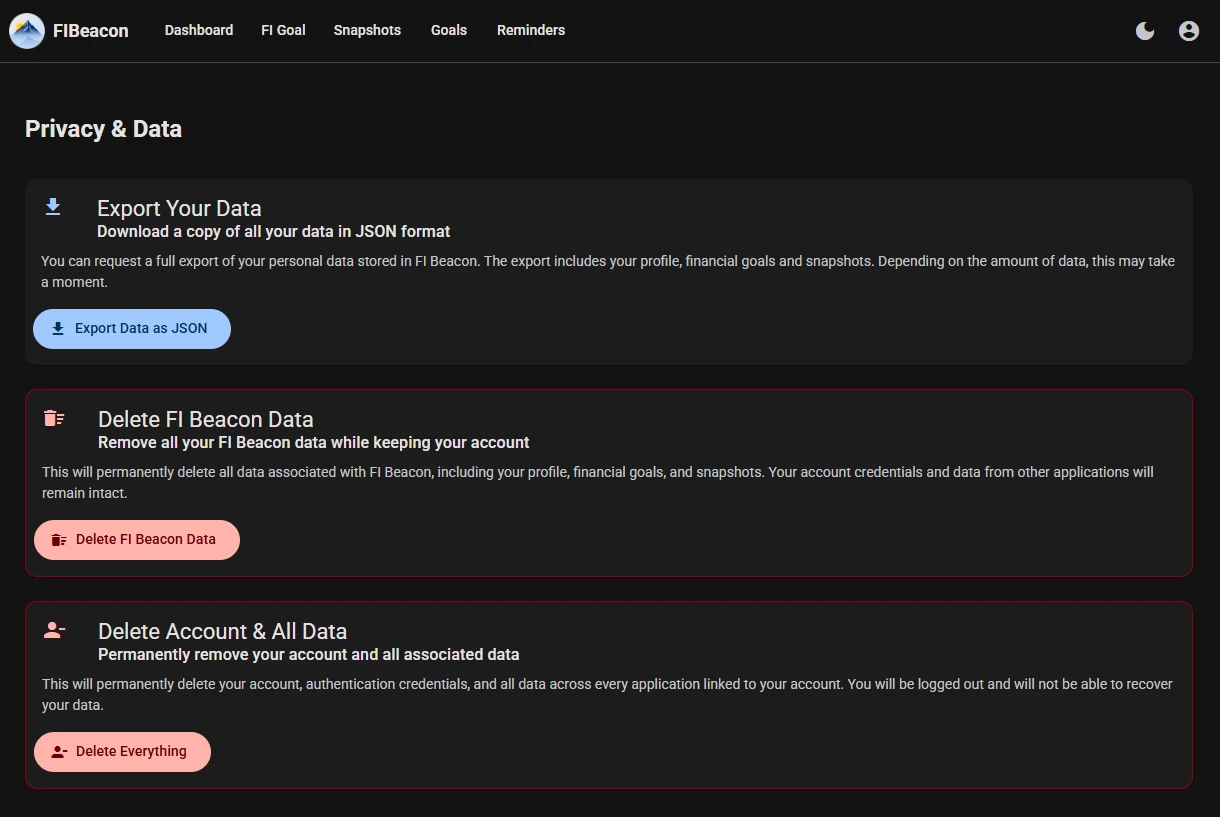 Privacy & Data page — dark theme