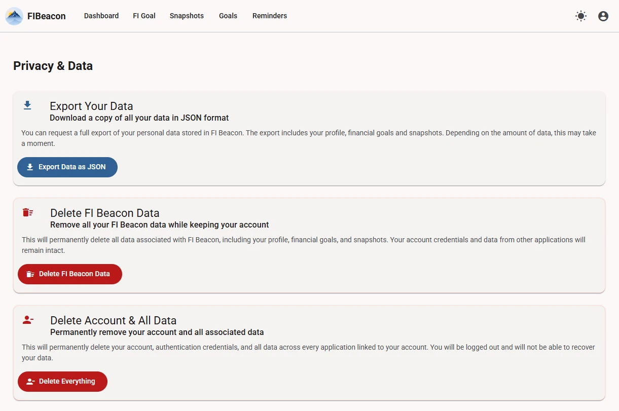 Privacy & Data page — light theme