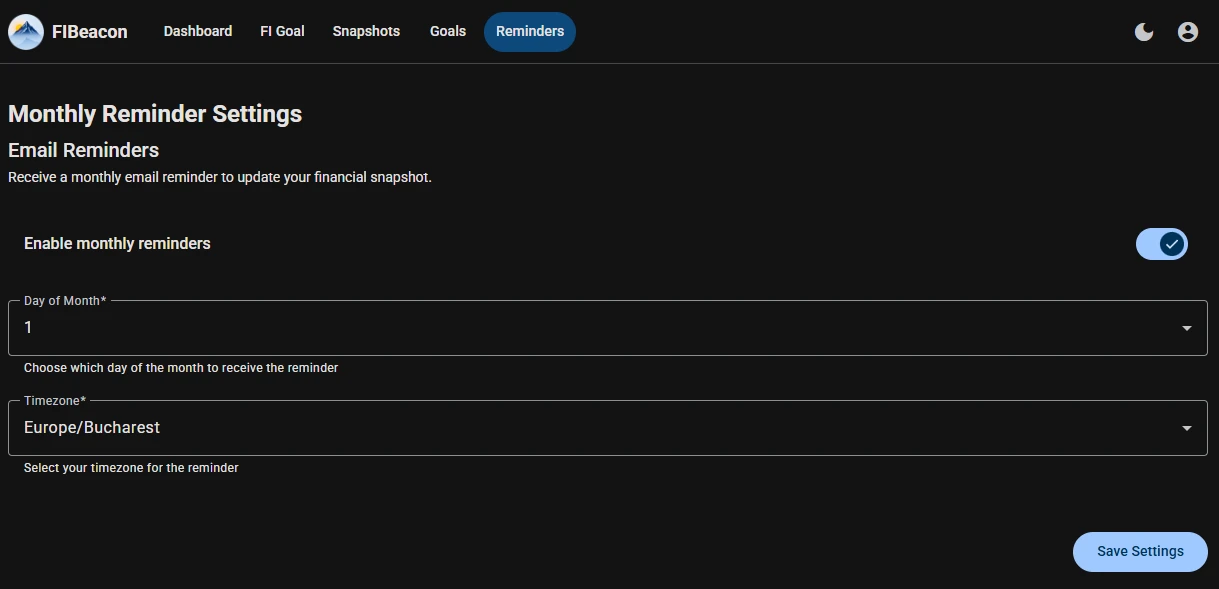 Reminder settings — dark theme