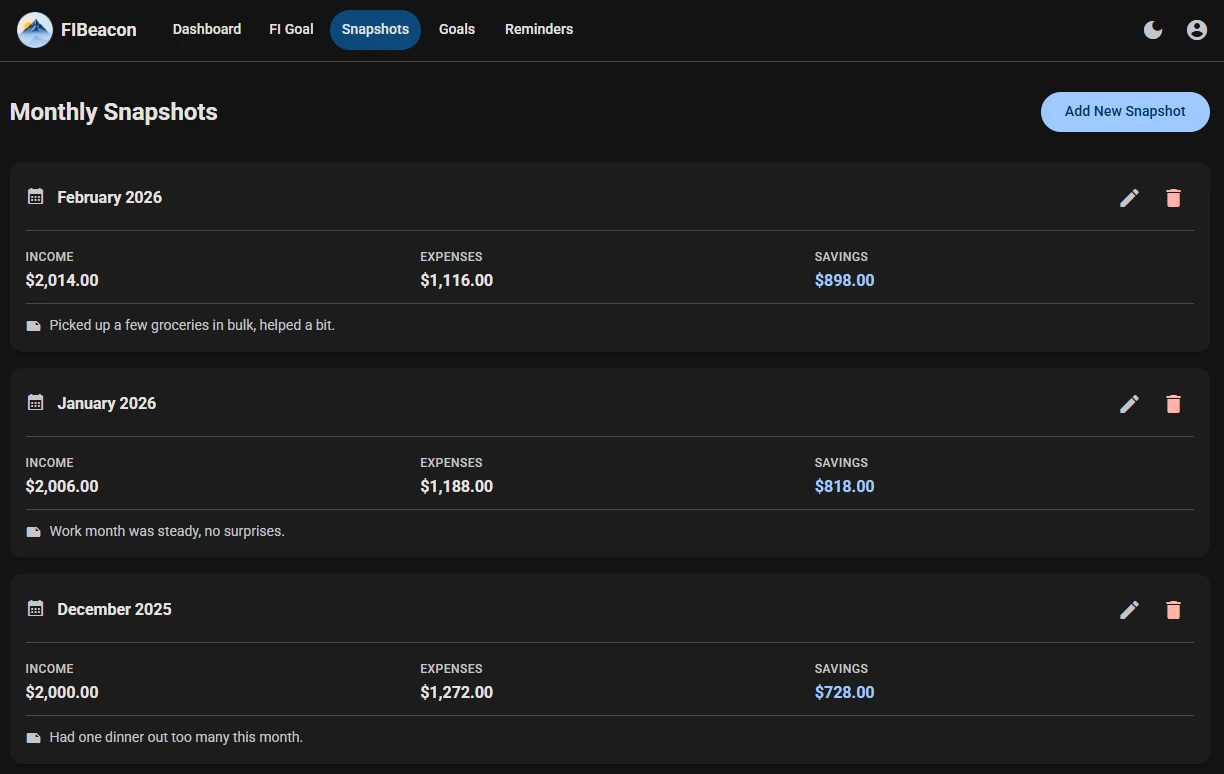 Monthly snapshots list — dark theme