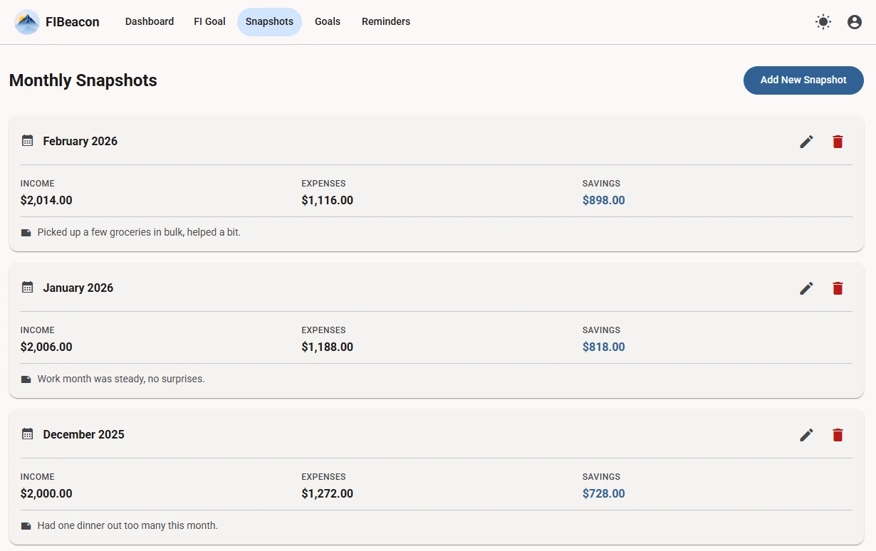 Monthly snapshots list — light theme